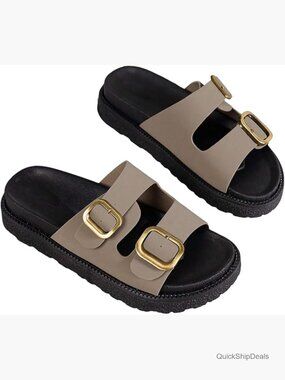 Leather Adjustable Double Buckle Open Toe Platform Sandals